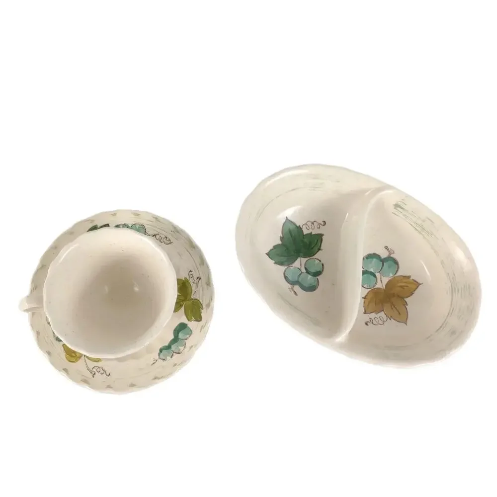Vtg Metlox Vernonware VINEYARD Divided Jelly Dish Cup & Saucer Set Grapes Leaves